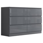 Grey Gloss Front Chest of Drawers 6 Drawer Large & Deep Sideboard Matt Frame