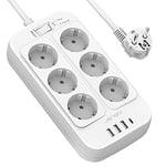 JSVER Multiprise Electrique,Bloc 6 Prises 3680W 13A avec 4 Ports Chargeur (3 USB A+1 USB C) Prise Multi Parasurtenseur Parafoudre et Surtension avec Interrupteur Cable 2m-Blanc