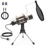 zealsound USB Microphone, Studio Recording Mic with adapter for iPhone, USB-C & 3.5mm Jack, with Echo,Tripod Stand,Pop Filter,for Singing ASMR Video Recording Streaming Discord Twitch on Mac Computer