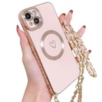 HZLFCZL Coque pour iPhone 14 Plus avec La chaîne Coque,Compatible avec MagSafe,Protection de lentille de caméra,Luxe en Forme de cœur avec Chaine Soft TPU Case for iPhone 14 Plus-Rose