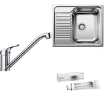 BLANCO Daras 517720 Robinet de Cuisine Chromé Haute Pression+ Tipo 45 S Mini 516524 Évier de Cuisine Acier Inoxydable Finition Naturelle 1 Pièce+ 526306 Produit d'entretien