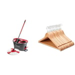 Vileda Turbo Microfibre Mop And Bucket Set, Set Of 1x Mop And 1x Bucket & REQUISITE NEEDS Strong Wooden Hangers Brown Strong Shoulder Notches Wardrobe Wooden Garments Hangers