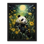 Artery8 Midsummer Night's Panda Dream Oil Painting Panda Bear in a Full Moon Sunflower Field Landscape Kids Bedroom Artwork Framed Wall Art Print 18X24 Inch