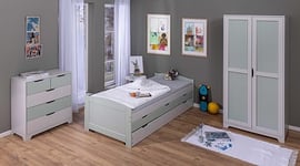 Inter Link - Lit gigogne - Lit avec rangements - Lit tiroir - 2 couchages 90x200 cm - 3 tiroirs de rangement - Bois massif - Avec sommier - Sans matelas - Vert sauge/Gris - Prati 90x200 cm