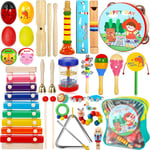 34Pcs Instrument De Musique Enfant,Ensemble De Jouets Musicaux Bois,Tambour Enfant Avec Ocean Wave Bead,Xylophone Et Sac De Transport Jouets Musicaux Avec Sac De Transport,1+ Ans