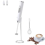 FIOUSY Handheld Electric Milk Frother with 2 Heads, Coffee Whisk Foam Mixer with USB Rechargeable 3 Speeds, Foam Maker Blender for Latte, Cappuccino, Hot Chocolate, Egg (White with Stand)