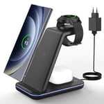 JoyGeek Station de Charge pour Samsung, 3 en 1 Chargeur Induction Para Samsung S24/S23/S22/S21/Z Flip/Fold, Chargeur sans Fil Para Galaxy Watch Ultra/7/6/5/4, Wireless Charger Para Galaxy Buds-Noir