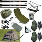 Full Carp Fishing set up Bivvy Tent Bed Chair 2 Rods Reels Bag Alarms Tackle Net