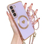 ECZOIL Coque pour Galaxy S21 avec La chaîne Coque,Compatible avec MagSafe,Protection de lentille de caméra,Luxe en Forme de cœur avec Chaine Soft TPU Case for Galaxy S21-Violet