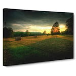 Landscape Tree and Hay Bales Modern Canvas Wall Art Print Ready to Hang, Framed Picture for Living Room Bedroom Home Office Décor, 24x16 Inch (60x40 cm)