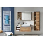 BAY Salle de bain complète : Armoire+colonne+meuble avec vasque+miroirs - Mélaminé chêne et béton - L186 x P53 x H198 cm - TRENDTEAM