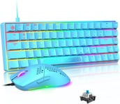 MK14 65% Mini Clavier Souris Gamer Bleu Mécanique Switch 12000DPI LED Illuminer Legere Souris Bleu RGB Retro Eclairé Petit Clavier Gaming PC Mac Tablet Computer Laptpo Tapis De Souris(Q392)