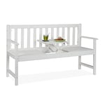 Relaxdays Bench with Integrated Folding Table, 3-Seater, Wooden, Garden & Balcony, HxWxD: 90x152x56 cm, White