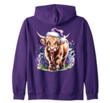 Christmas Women 2024 Graphic Highland Cow Purple Thistles Zip Hoodie