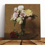 Big Box Art Canvas Print Wall Art Henri Fantin-Latour Roses in a Fluted Vase | Mounted & Stretched Box Frame Picture | Home Decor for Kitchen, Living Room, Bedroom, Hallway, Multi-Colour, 20x20 Inch