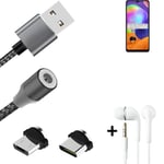 Magnetic charging cable + earphones for Samsung Galaxy A31 + USB type C a. Micro