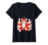 Womens Japanese Kawaii Kitsune Nine Tail Fox Cherry Blossom Flowers V-Neck T-Shirt