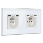 BSEED Double Prise Murale avec 2 Ports USB,16A Prise de Courant Alternatif avec Panneau en Verre,Multiprise Murale Max 2.1A,Convient au Smartphone, à la Tablette (2 Prise avec 2 Ports USB,Blanc)