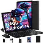 Tablette Android 14 avec 5G Wi-Fi 6, 18 Go RAM + 128 Go ROM(1 To Extensible), FHD Tablette Tactile avec Widevine L1, BT 5.0, 8 cœurs, 6000 mAh, 2 en 1 Tablette 10 Pouces avec Clavier et Souris, Noir