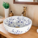 LONUEBU Évier de salle de bain de 40,6 cm, en porcelaine bleue et blanche, évier rond au-dessus du comptoir avec robinet en bambou et bonde pop-up