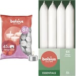 Bolsius Lot de 45 bougies chauffe-plat - Longue durée de combustion de 8 heures & 8 bougies coniques blanches - 17 cm - Longue durée de combustion de 5 heures - Sans parfum