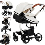 MoLi Cuir PU Poussette 3 en 1, Poussette Bebe avec Mode Double Poussée Réversible, Pousette 3 en 1 avec Nacelle Grande, Poussette Trio Cadre en Alliage d'aluminium Pliable Haut Paysage (518 White)