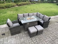 High Back Rattan Garden Furniture Sets Gas Fire Pit Dining Table Gas Heater Set Corner Sofa 9 Seater