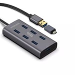 PROMATE Powered USB Hub with 7x USB 3.0 Ports Plus Additional USB-C Adaptor, Aluminium Alloy, Up to 5 Gbps Transfer Rate, Data and Charge. Grey Colour.