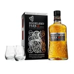 Highland Park 12 Year Old Malt Whisky, Gift Pack with 2 Glasses, Orkney Origins, 40% ABV, 70cl