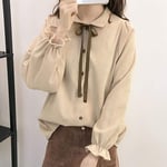 Women'S Shirt Office Ladies Blouse Spring Autumn Tops Fashion Long Sleeve Bow Slim White Shirt-Gray_L