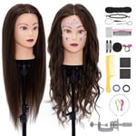 Tete a Coiffer,Neverland 28" Tête à Coiffer Coiffure Professionnel,80% de Cheveux Humains,Cosmétologie Mannequin Poupée pour le Salon avec Support+ Hairdressing Outils Accessoires Set（Brun）