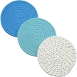 Jn.songs - Lot de 3 Sets de Table Dessous de Verre Rond Coaster en Tressé Sous-Verres en Coton Style Moderne - Bleu