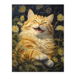 Contented Grinning Ginger Cat Wildflower Meadow Oil Painting Extra Large XL Unframed Wall Art Poster Print