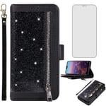 Asuwish Compatible with Huawei P20 Lite Wallet Case and Tempered Glass Screen Protector Glitter Leather Flip Cover Zipper Card Holder Cell Phone Cases for Huwai P20lite P 20 Haweii Nova 3E Women Black