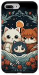 Coque pour iPhone 7 Plus/8 Plus mignon anime chat portrait de famille avec couronne, lune, fleurs