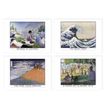 Wee Blue Coo Classic Paintings Seurat Bathers Asnières Sunday La Grande Jatte Hokusai Great Wave Mount Fuji A4 Poster Pack of 4 Wall Art