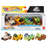 Hot Wheels Toy Cars, RacerVerse 4-Pack of Die-Cast Vehicles Featuring Jurassic World Characters Charlie, Owen, Dilophosaurus & Allosaurus as Drivers, HKD32