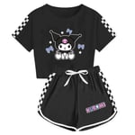 Kids Girls T-Shirt+Shorts Kuromi Printed Short Sleeve Sports Casaul Outfits Set Black 130cm