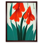 Modern Abstract Crimson Red Bloom Wild Flowers Teal Leaves on White Art Print Framed Poster Wall Decor 12x16 inch