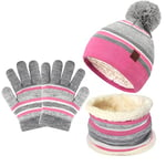 Enfants Hiver Bonnet Chaud Tricot Chapeau Echarpe Gants Ensemble pour Garcon Fille 2-7 Ans avec Doublure Polaire Pompon