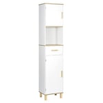 EUGAD Armoire Salle de Bain Haute sur Pied, Meuble de Rangement Colonne, Placard Blanc avec 4 Compartiments derrière 2 Portes, 1 Compartiment Ouvert et 1 Tiroir, MDF, 39x30x179cm