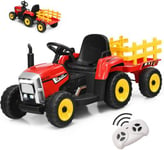 Tracteur électrique Enfant avec Remorque Batterie 12V Roue Motrice Arrière Phare à LED Musique Ceinture de Sécurité Rouge