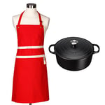 Le Creuset Signature Cast Iron Round Casserole, 28 cm, Satin Black amd Textiles Chef's Apron, Red