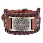 Nordisk Viking Rune Läderarmband, Isländsk Vegvisir Symbol för Lycka och Välsignelser, (Äkta Läder Bred Brun Antik Brons)