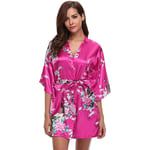 GROPC Women Satin Dressing Gown,Valentines Day Sexy Lingerie Silk Silky Peacock Print Babydoll Kimono Bridal Wedding Short Robe Dress Bathrobe Plus Size Nightie Sleepwear,Hot Pink,S