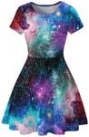 Ocean Plus Femme Ciel Étoiles Impression Numérique A-Ligne Robe à Manches Courtes avec Col Rond T-Shirt à Manches Courtes Robe Swingrock Rock à Bascule (L (EU 36-38), Galaxie colorée)