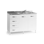 Foligno base sous évier cuisine 120x50xH85 en bois avec commode et évier double baignoire en frêne blanc