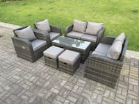 8 Seater Dark Grey PE Rattan Garden Furniture Set Reclining Chair 2 Seater Love Sofa Set Coffee Table Stools