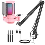 NJSJ USB Gaming Microphone Kit for PC, RGB Condenser Microphone Podcast Mic with Monitoring Jack, Quick Mute, Gain Control, Mic Boom Arm Stand for Recording Twitch Mac PS4/5 (Pink-with Boom Arm)