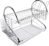 ARyee Two Tier Dish Drainer Rack Silver, Bowls Dishes Plates Cup Holder with